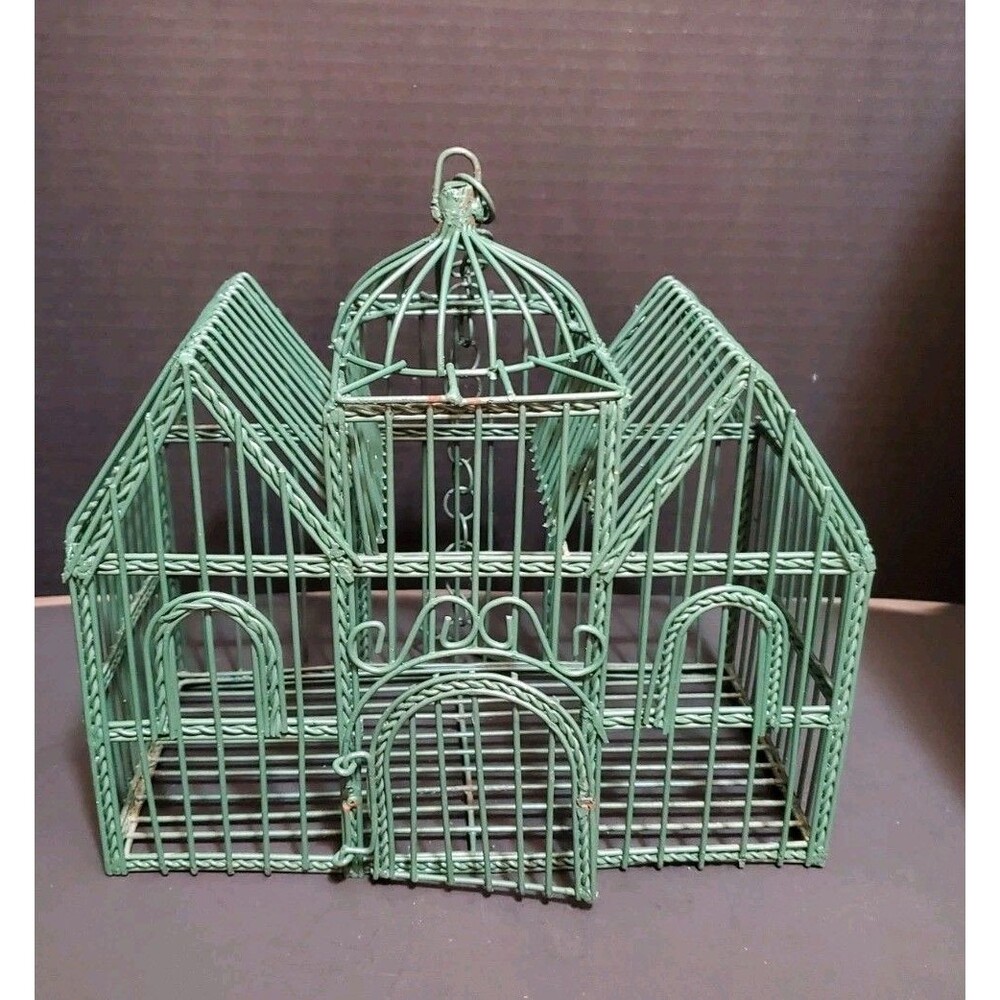 Victorian Style Bird House Green Wire With Hanger & Decorative Birds Vtg 1800's